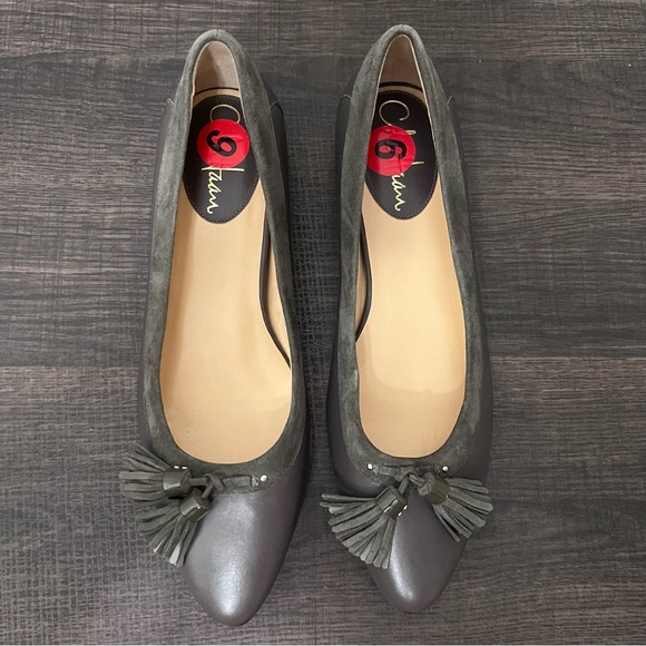 Cole Haan gray leather & suede pointed toe flats with tassels 6 - Picture 7 of 13